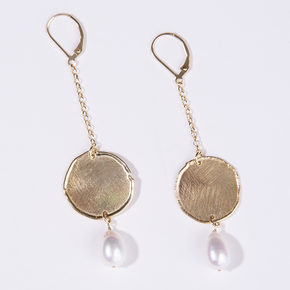 Gold Over Sterling White Pearl Satin Disc Chain Drop Earring