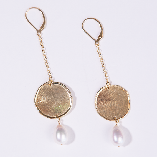 Gold Over Sterling White Pearl Satin Disc Chain Drop Earring