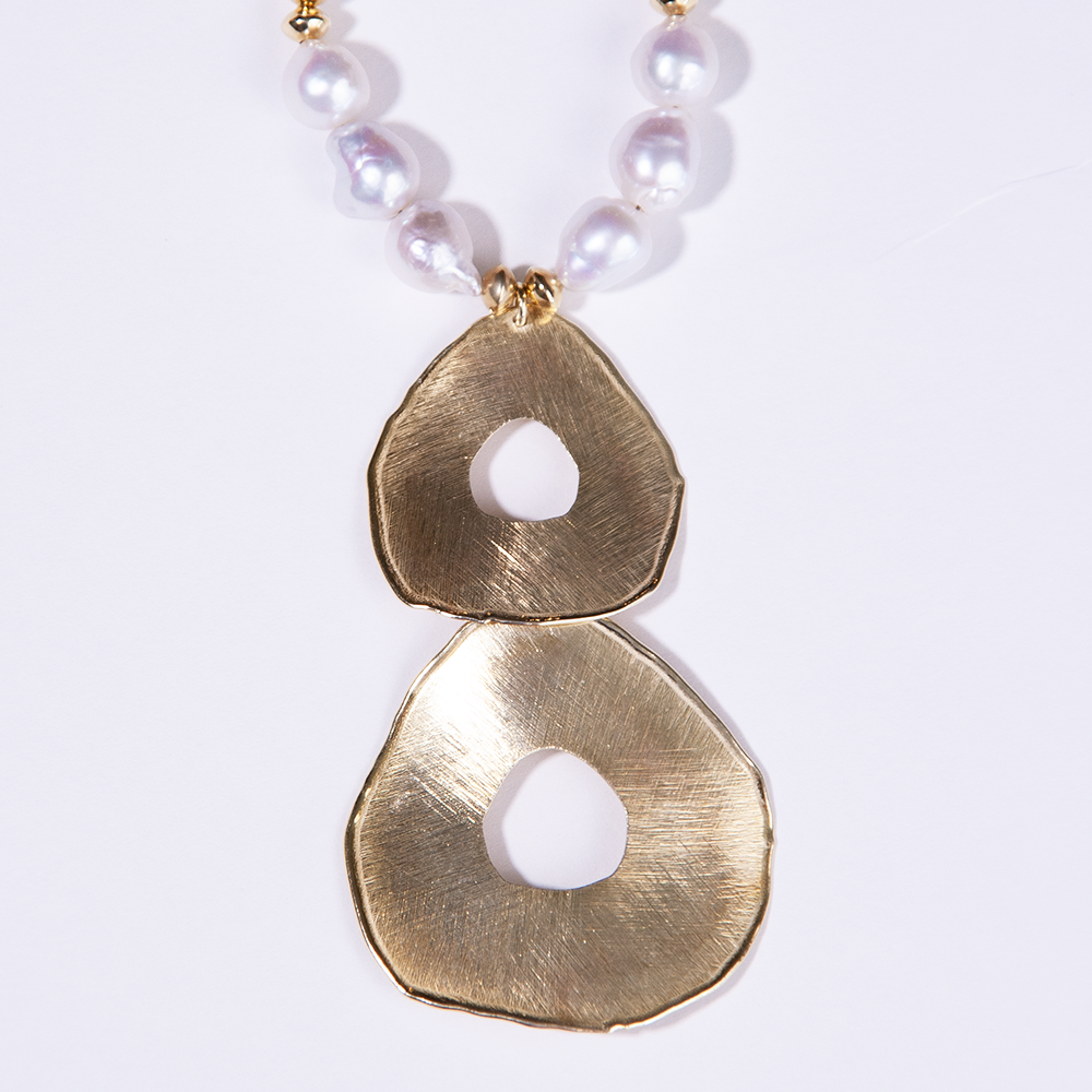 Gold Over Sterling White Baroque Pearl Satin Disc Necklace