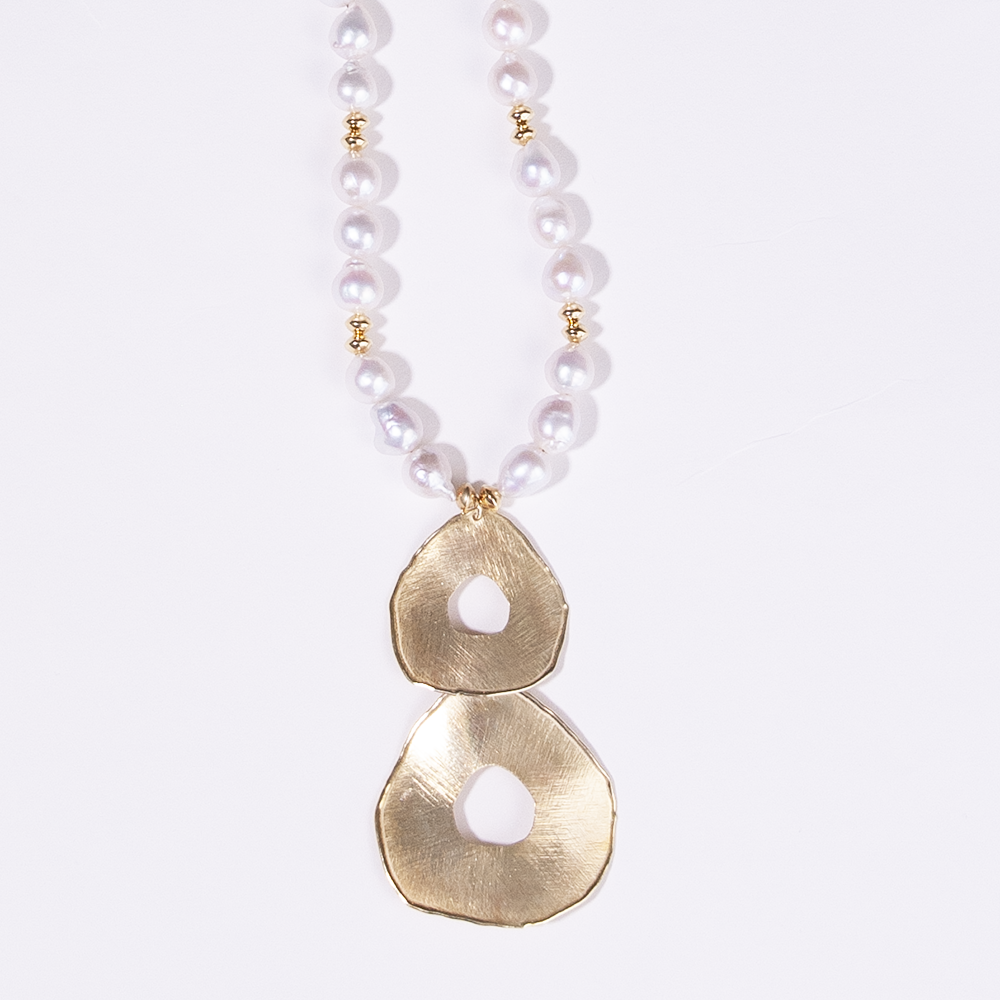 Gold Over Sterling White Baroque Pearl Satin Disc Necklace
