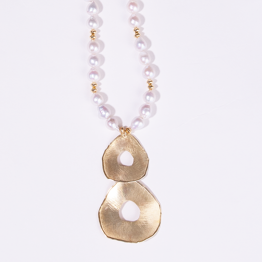 Gold Over Sterling White Baroque Pearl Satin Disc Necklace