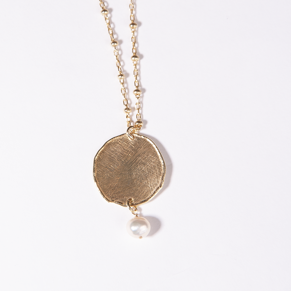 Gold Over Sterling White Pearl Satin Disc Chain Necklace