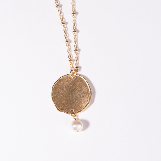 Gold Over Sterling White Pearl Satin Disc Chain Necklace
