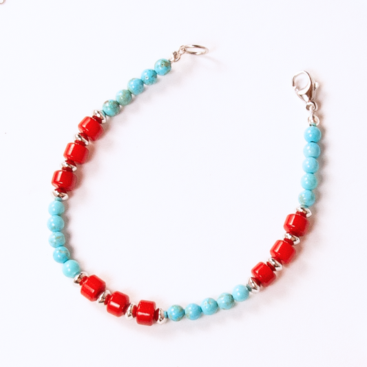 Sterling Silver Turquoise & Red Coral Cube Arapahoe Bracelet