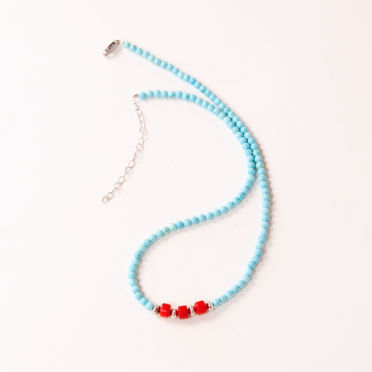Sterling Silver Turquoise & Red Coral Arapahoe Necklace
