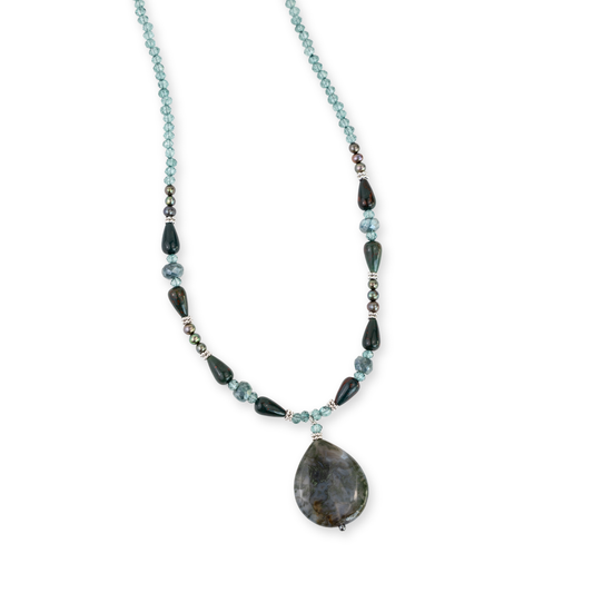 Sterling Silver Moss Agate Drop Evergreen Necklace