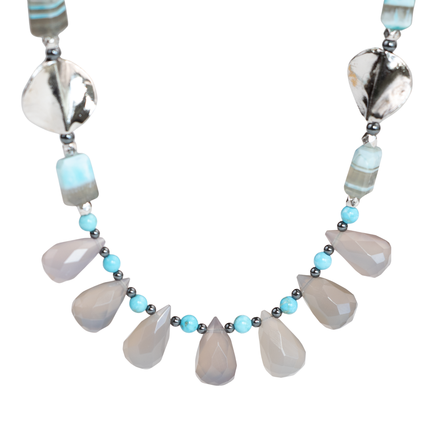 Sterling Silver Blue Lace Opal & Grey Agate Bib Necklace