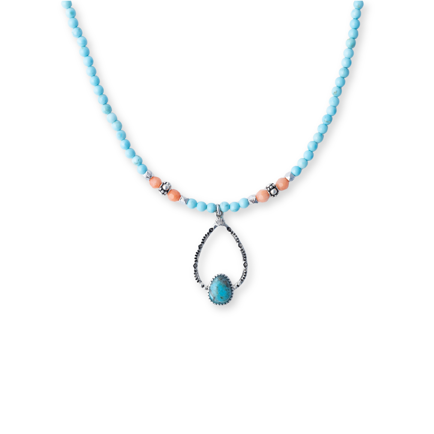 Sterling Silver Turquoise & Pink Coral Drop Necklace