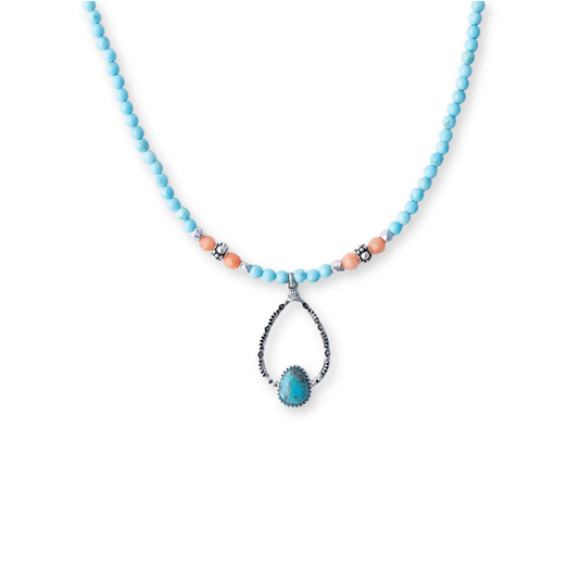 Sterling Silver Turquoise & Pink Coral Drop Necklace