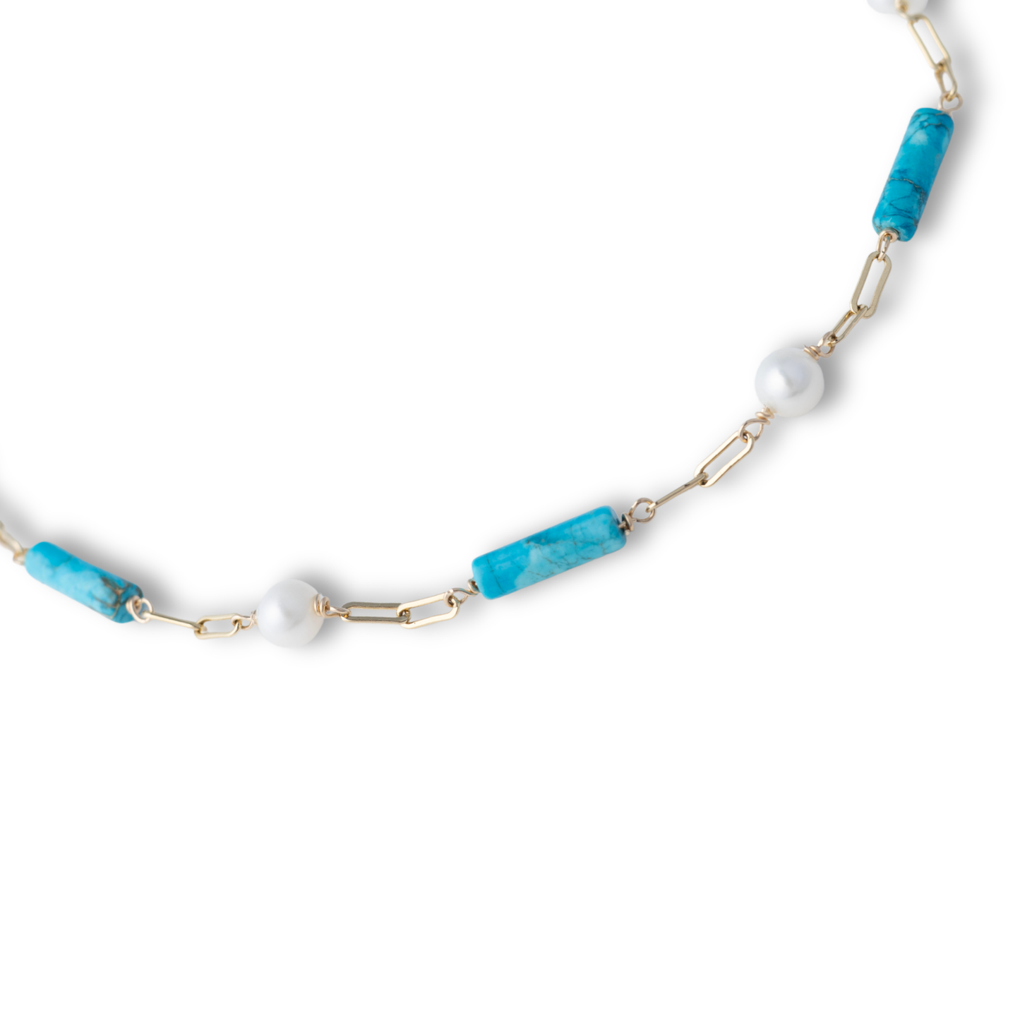 Gold Over Sterling Turquoise & White Pearl Necklace