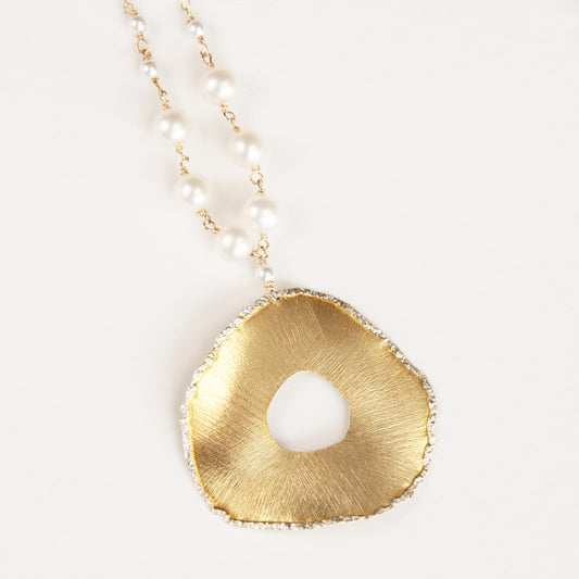 Gold Over Sterling White Pearl Wrapped 30" Disc Necklace