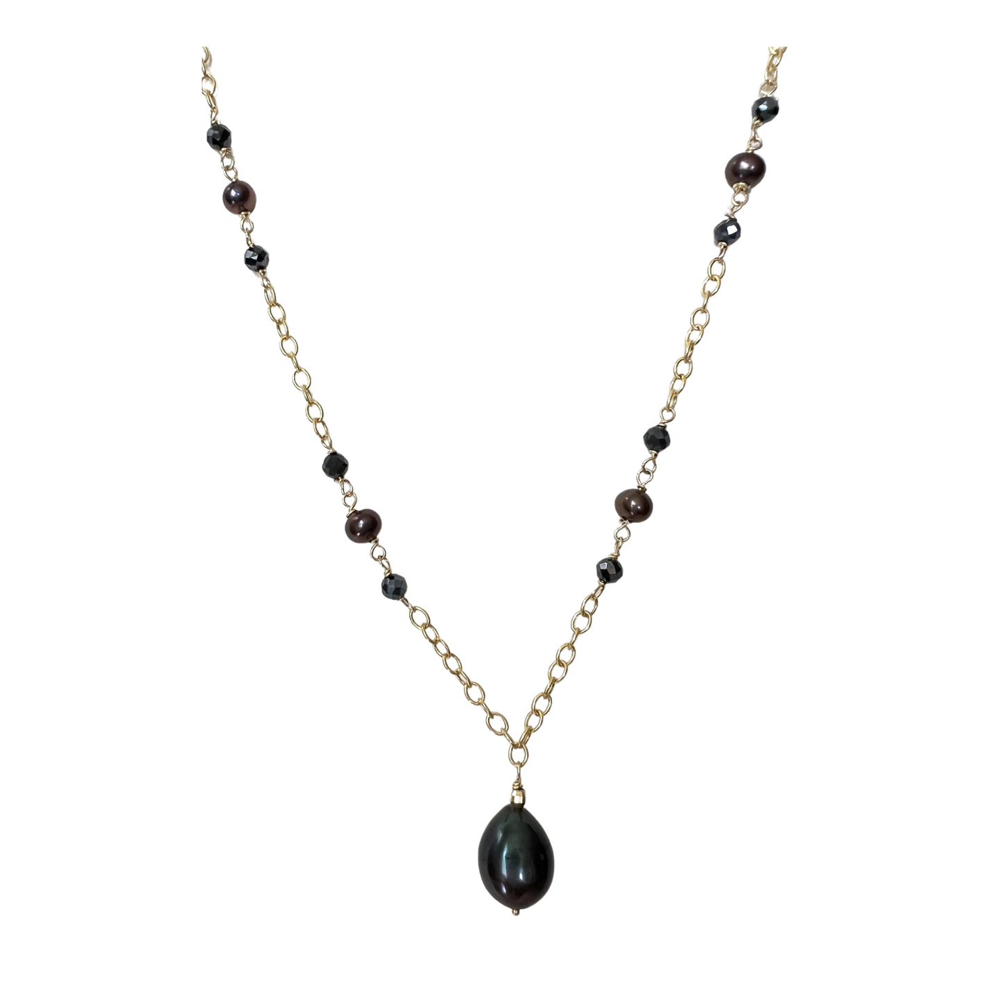 14K Gold Black Pearl & Spinel Chain Necklace