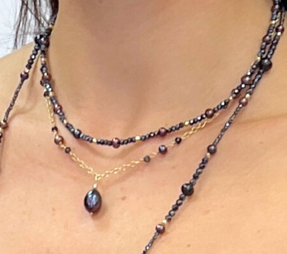 14K Gold Black Pearl & Spinel Necklace