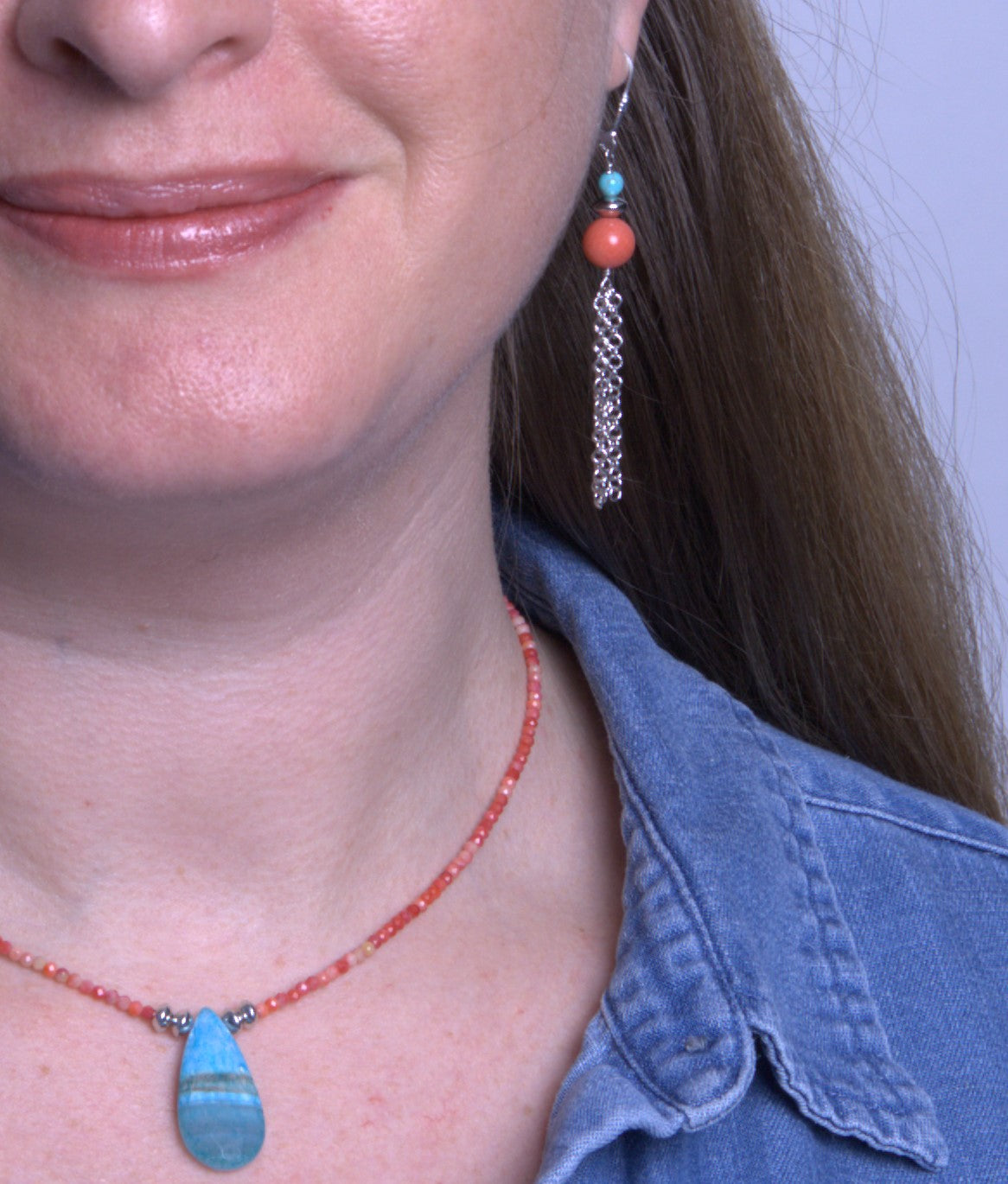 Sterling Silver Turquoise & Pink Coral Tassel Earring