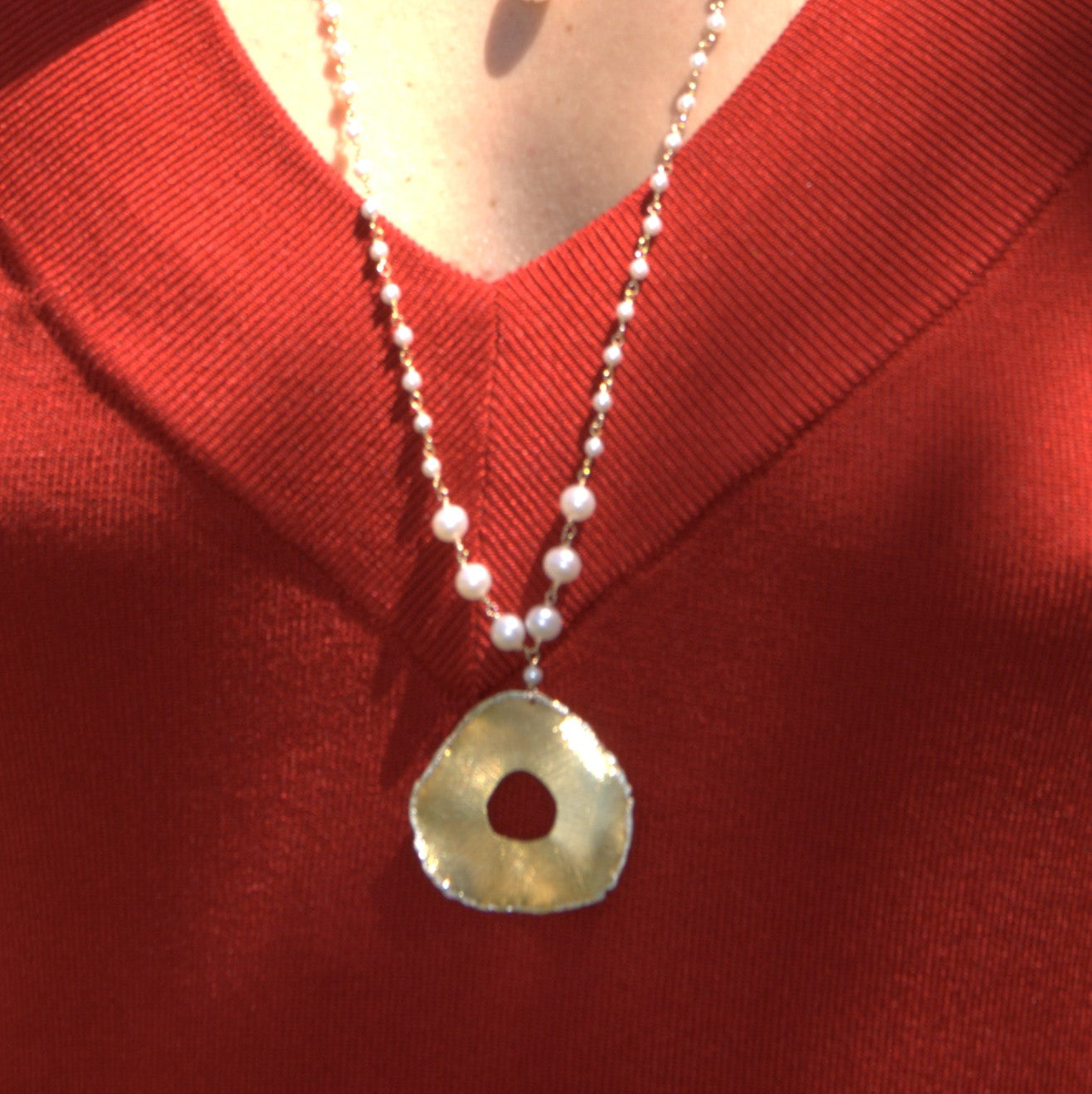Gold Over Sterling White Pearl Wrapped 30" Disc Necklace